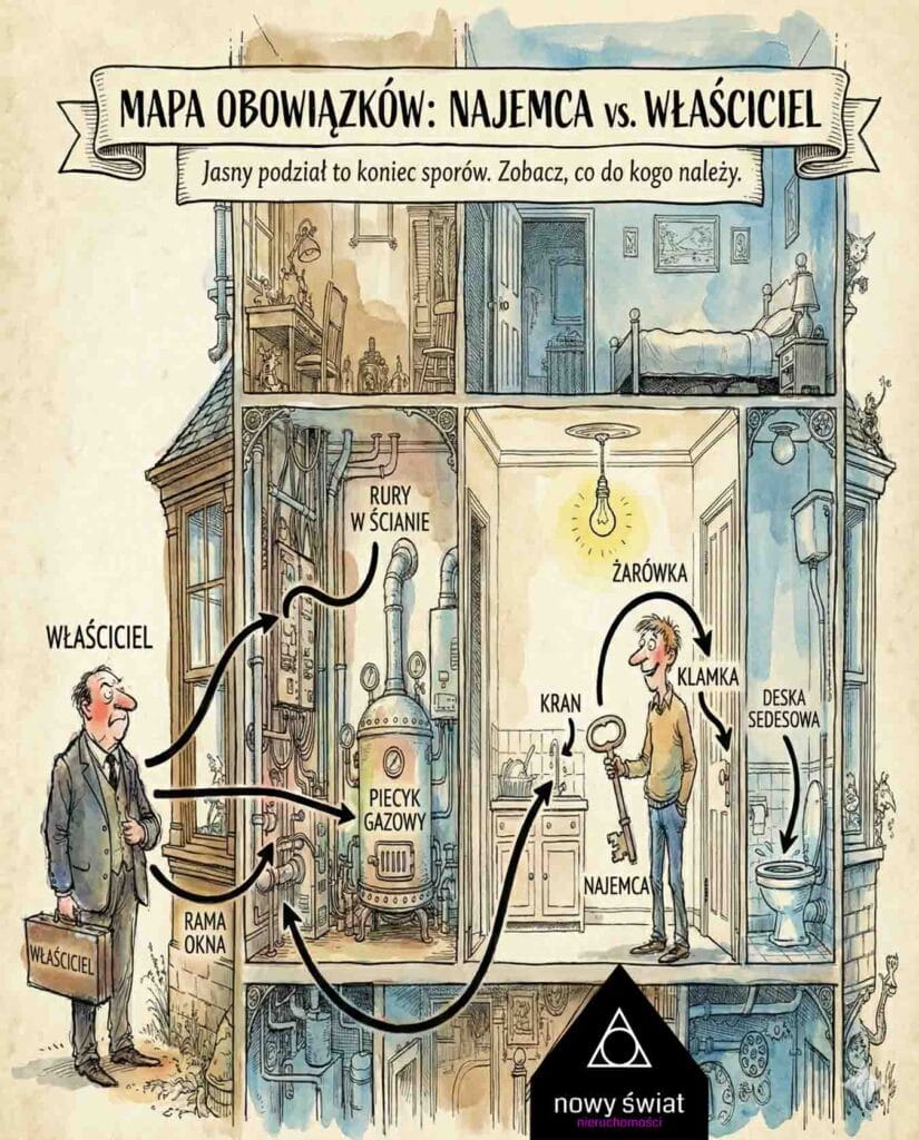 Mapa obowiązków: kto jest odpowiedzialny za jakie naprawy - właściciel vs najemca Umowa najmu mieszkania z podziałem obowiązków naprawczych Art 6b ustawy o ochronie praw lokatorów