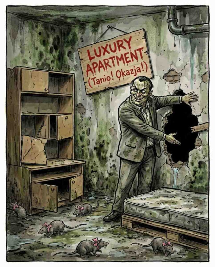 Żartobliwy obrazek przedstawiający Landlorda Janusza, prezentującego piwnicę jako lususowy apartament