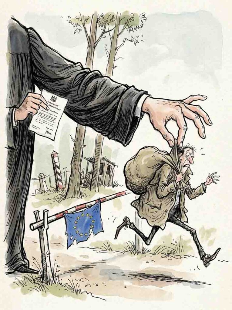 Karykatura dłużnika uciekającego z niezapłaconym czynszem przez granicę UE, chwytanego za kołnierz przez gigantyczną rękę sędziego z Europejskim Nakazem Zapłaty.