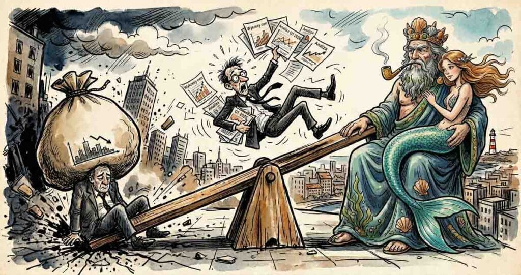 Satyryczna ilustracja w stylu vintage, przedstawiająca ekonomiczną huśtawkę. Po lewej, na dole, zmęczony bankier w garniturze siedzi przygnieciony workiem ze spadającym wykresem giełdowym i panoramą miasta, na tle zrujnowanych budynków. Po prawej, na górze, spokojny Posejdon z syreną siedzą i palą fajkę, na tle nadmorskiej latarni morskiej i portu. W powietrzu przerażony analityk rzuca dokumenty zatytułowane "Analiza Q1 2026" i "Wykresy cen."