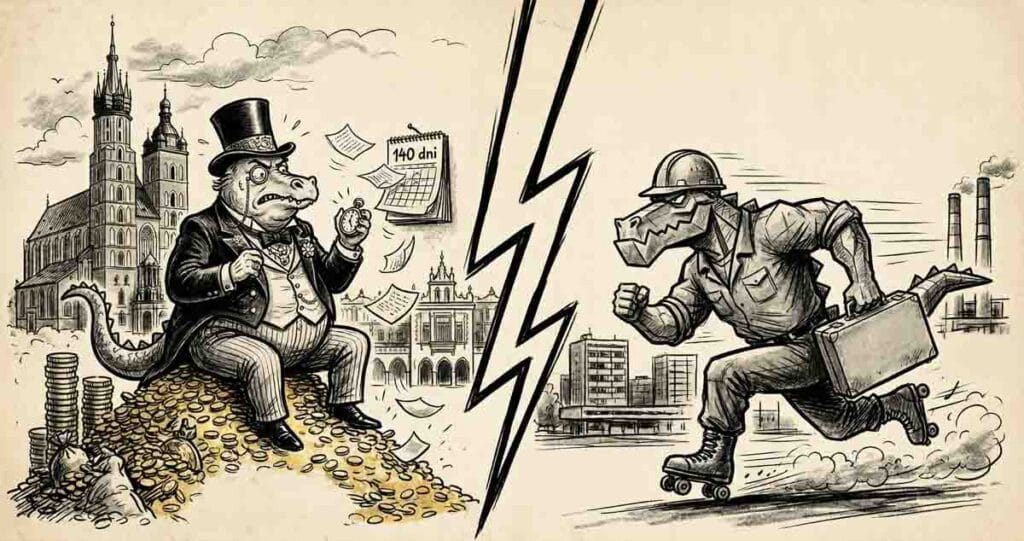 Rysunek satyryczny "Wyścig smoków: Arystokracja vs. Klasa Robotnicza". Po lewej arystokratyczny Smok Wawelski w cylindrze trzyma monetę z napisem "Cena: 18 200 zł/m2" i nerwowo patrzy na zegarek, obok kalendarza z napisem "140 dni w oczekiwaniu na klienta" na tle Kościoła Mariackiego. Po prawej nowohucki smok-robotnik w kasku pędzi na wrotkach z teczką "Zdolność kredytowa", mijając tabliczkę "Sprzedaż w 74 dni" na tle Placu Centralnego.