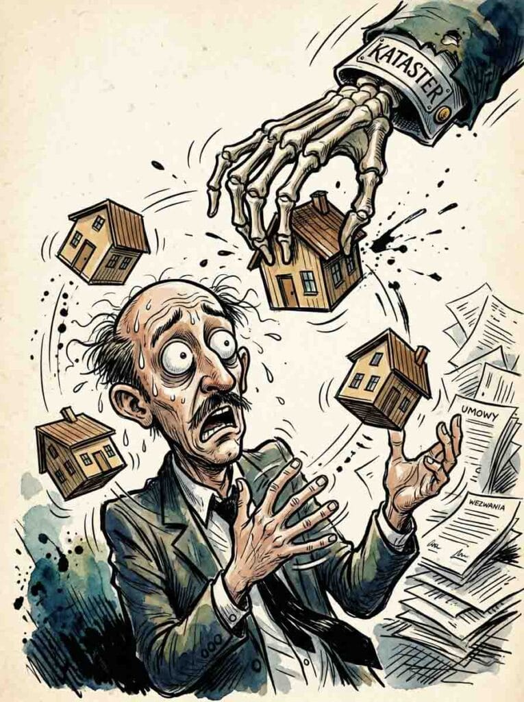 Satyryczna ilustracja w stylu vintage, na której przerażony mężczyzna w garniturze żongluje czterema małymi domami jednorodzinnymi. Gigantyczna, koścista ręka szkieletu schodzi z góry, zabierając jeden z domów z jego ręki; na mankiecie ręki widnieje napis "KATASTER." Na ziemi wokół niego leżą stosy biurokratycznych papierów z napisami "UMOWY" i "WEZWANIA."