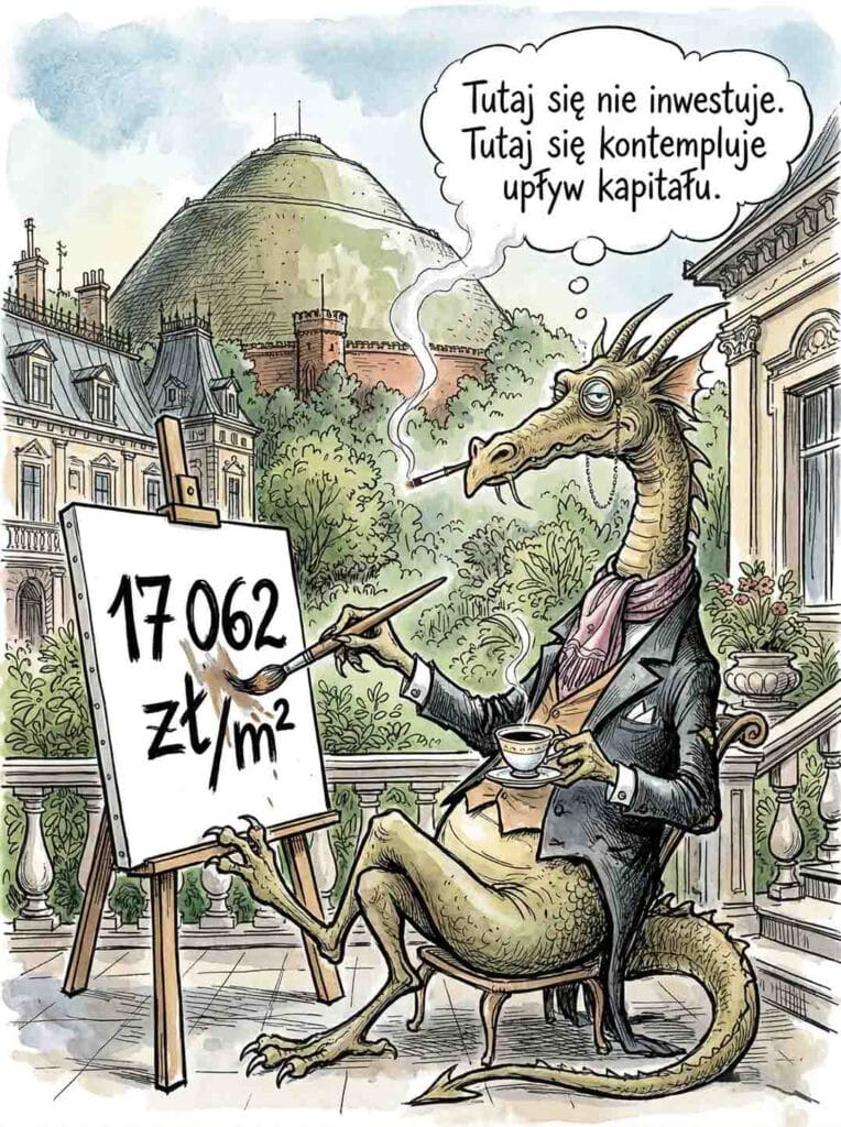 Ilustracja smoka jako dekadenckiego artysty z krakowskiego Zwierzyńca. Smok z monoklem pije czarną kawę na tarasie z widokiem na Kopiec Kościuszki i maluje pędzlem na sztaludze cenę 17 062 zł/m2. Z jego pyska unosi się dym papierosowy, a w dymku myślowym znajduje się ironiczny tekst: "Tutaj się nie inwestuje. Tutaj się kontempluje upływ kapitału".
