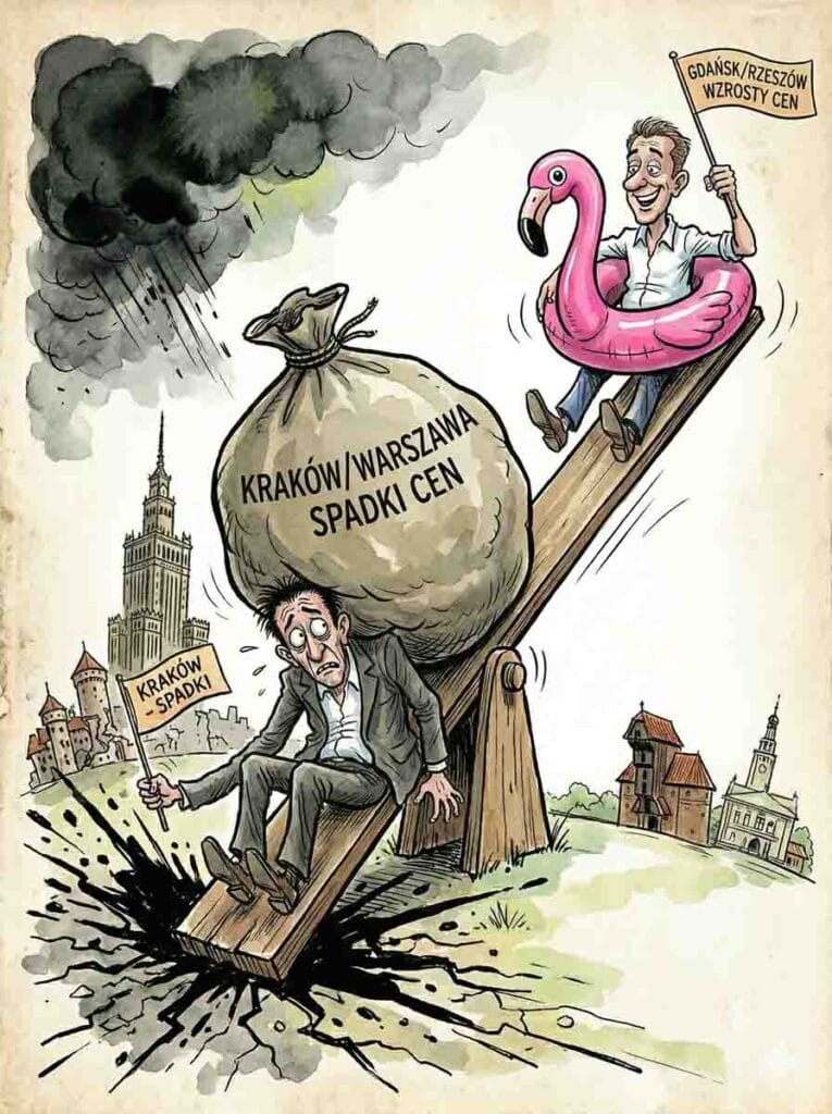 Satyryczna ilustracja w stylu vintage, na której huśtawka pokazuje dysproporcje cenowe. Po lewej, przerażony mężczyzna siedzi na dole przygnieciony workiem "KRAKÓW/WARSZAWA SPADKI CEN" i trzyma tabliczkę "KRAKÓW - SPADKI," na tle zabytków Krakowa i Warszawy. Po prawej, radosny mężczyzna siedzi na górze w różowym flamingi z flagą "GDAŃSK/RZESZÓW WZROSTY CEN," na tle morskiego miasta z latarnią morską.