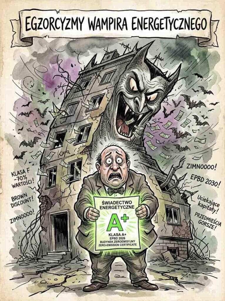 Satyryczna ilustracja w stylu vintage-horroru. Przerażony mężczyzna w garniturze trzyma świecące na zielono "ŚWIADECTWO ENERGETYCZNE Klasa A+," działające jak amulet. Za nim zrujnowany, stary blok mieszkalny zmienia się w potężnego wampira z kłami i nietoperzami. Na górze baner "EGZORCYZMY WAMPIRA ENERGETYCZNEGO," na ruinach napisy o utracie wartości, np. "KLASA F -70% WARTOŚCI!" i "ZIMNOOOO!".