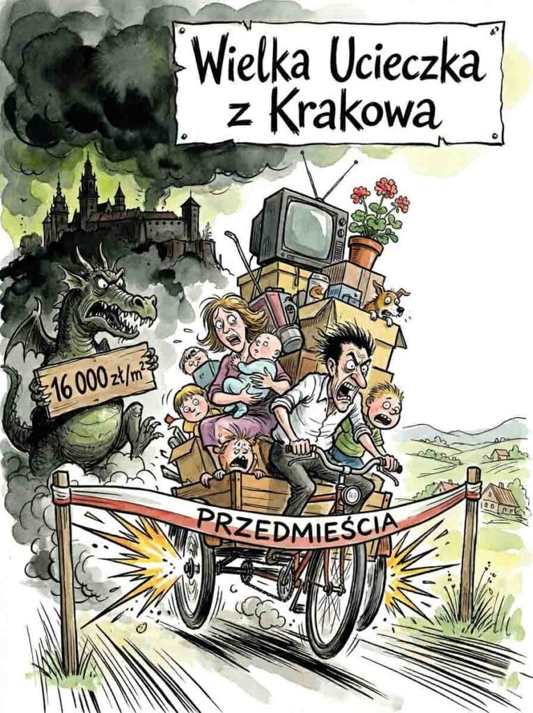 Satyryczna ilustracja w stylu vintage, przedstawiająca przerażoną rodzinę z trojgiem dzieci, psem i bagażami (w tym stary telewizor i rośliny) pędzącą na objuczonym trójkołowym pojeździe. U góry baner "Wielka Ucieczka z Krakowa." Z tyłu dymiący Wawel i Smok Wawelski trzymający tabliczkę "16 000 zł/m²." Pojazd przebija się przez metę z napisem "PRZEDMIEŚCIA."