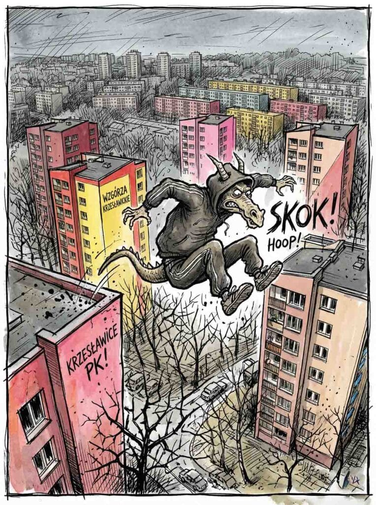 Komiksowy i dynamiczny szkic przedstawiający smoka ubranego w sportowy dres z kapturem, który wykonuje długi skok między dachami bloków na dużym osiedlu z wielkiej płyty. Na elewacji budynków widnieją wyraźne napisy "Wzgórza Krzesławickie" oraz "Krzesławice PK!", a skokowi towarzyszą litery "SKOK!" i "HOOP!"