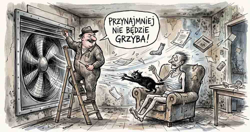 Lanlord  instaluje wielką kratkę wentylacyjną (z wiatrakiem) na całą ścianę. Właśnie wkręcił ostatni wkręt i kratka zaczęła działać: zaczyna wciągać mniejsze przedmioty z mieszkania, cug powietrza sprawia , że najemcy robi się strasznie zimno (ale jeszcze nie jest zimowo ubrany, więc koszulka wciągana jest w stronę wentylacji, podobnie jak kartki papieru, czy jego kot, który wbija się pazurami w fotel)). Uśmiechnięty lanlord rzuca mu w dymku kwestię: "Przynajmniej nie będzie grzyba"  