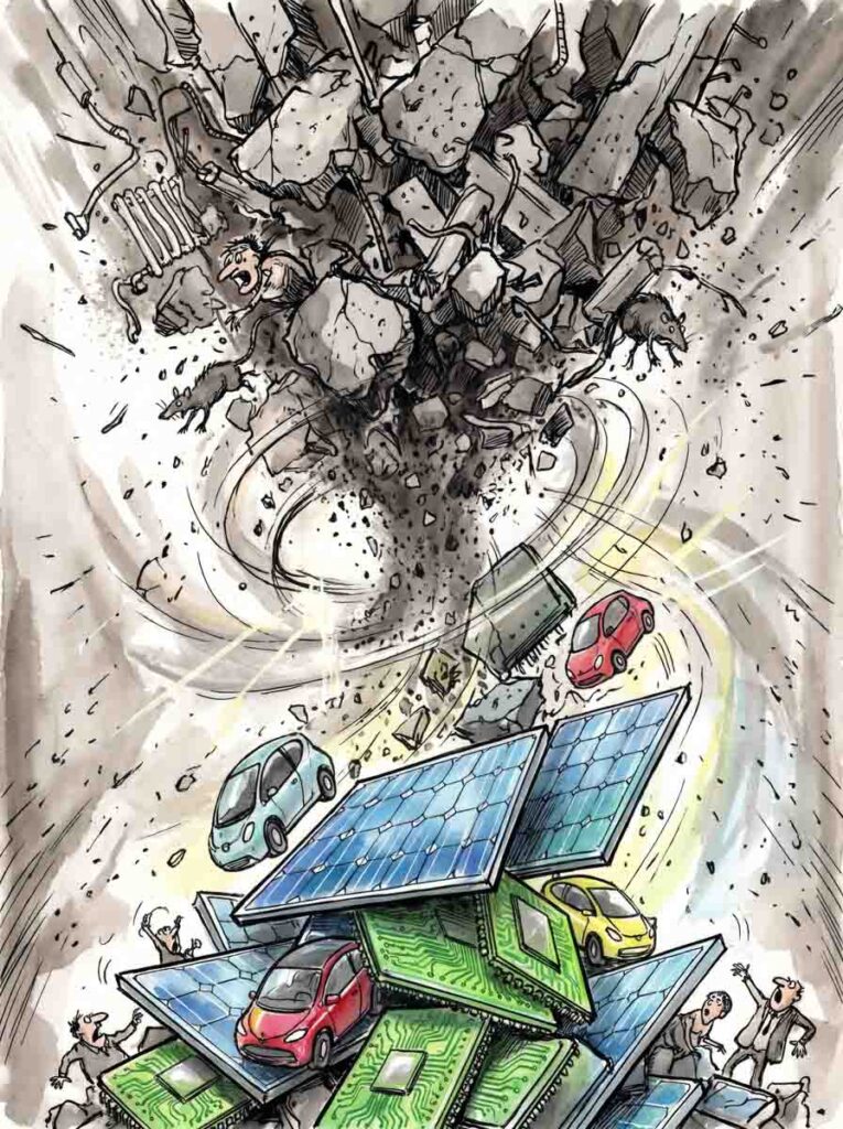 Transformacja materii nawiązująca do chińskiego przejścia z inwestycji deweloperskich na zieloną energię i technologie. Z góry ekranu osuwa się lawina szarego gruzu i betonowych brył. W połowie wysokości kadru betonowy gruz w magiczny, surrealistyczny sposób transformuje się w lśniące, nowoczesne panele słoneczne oraz błyszczące na zielono procesory komputerowe, które miękko opadają na dół.
