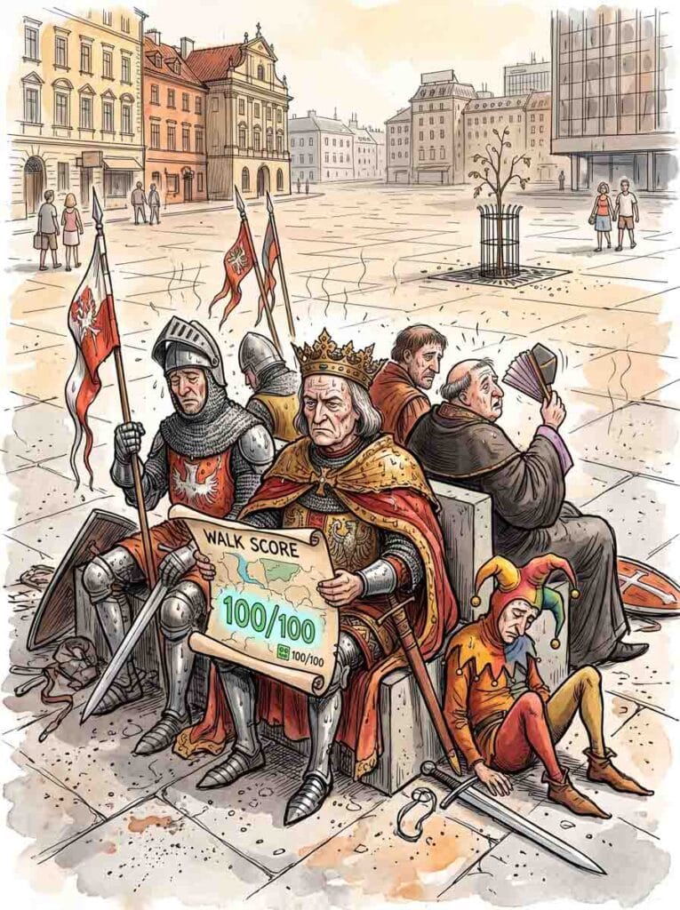 Humorystyczna, satyryczna ilustracja prasowa w stylu retro, przedstawiająca historycznego polskiego króla Władysława Jagiełłę wraz z dworskim orszakiem; siedzą oni na skrajnie niewygodnej, nowoczesnej i minimalistycznej ławce, umieszczonej pośrodku gorącego, betonowego placu miejskiego pozbawionego drzew. Król wygląda na wyraźnie niezadowolonego i spoconego; w dłoni trzyma zwój pergaminu, na którym widnieje cyfrowa mapa wskaźnika „Walk Score” z wynikiem 100/100.